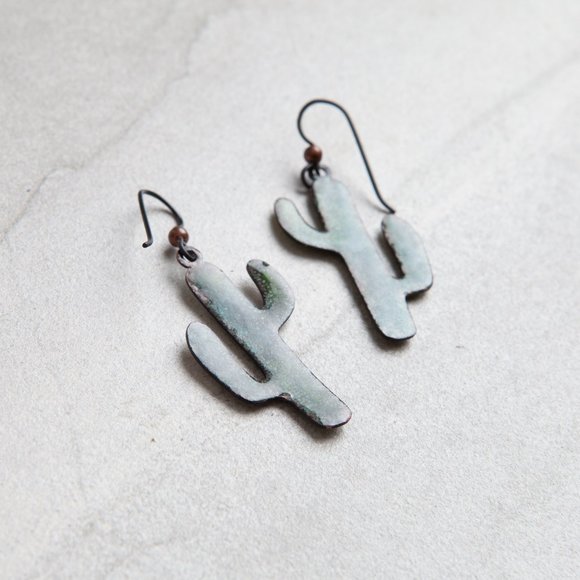 Handmade Copper Enamel Cactus Earrings Hand Crafted Artisan Vitreous Enamel - Picture 8 of 9